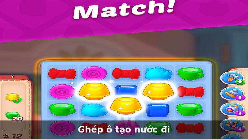 Bàn cờ Match 3 với các booster đang kích hoạt trong một màn chơi.