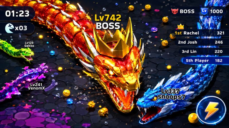 Tải Hack Snake Clash (Vô Hạn Tiền, Bất Tử) v77.2.0 1 Hack Snake Clash với nhiều con rắn tranh thức ăn trên bản đồ