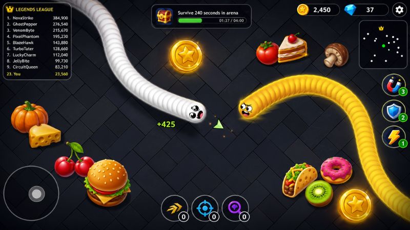 Tải Hack Snake Lite (Full Tiền, Xu, Bất Tử, MOD Menu) v4.35.2 2 Rắn lớn đang bao vây và ép nhiều rắn nhỏ trên bản đồ.
