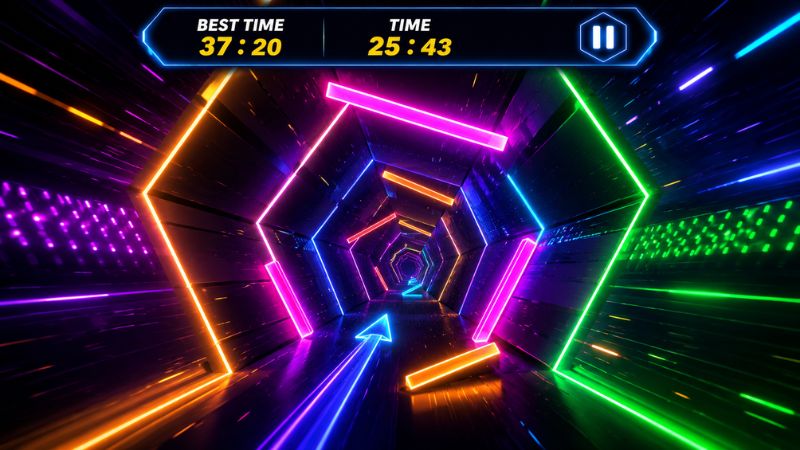 Super Hexagon APK nổi bật với hiệu ứng hình học, màu sắc và nhạc điện tử