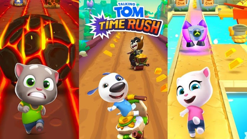 Tải Talking Tom Time Rush MOD APK (Vô Hạn Tiền) v1.4.5.18472 2 Gameplay Talking Tom Time Rush MOD APK khi né vật cản trên đường chạy